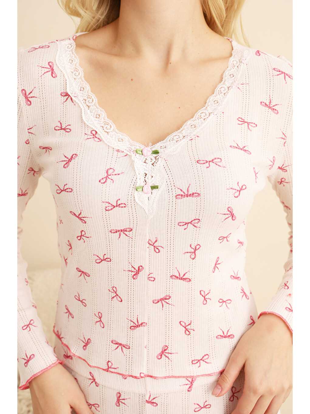 Pembe Pamuklu Delikli Dantelli Örme Pijama Takım7928-4-1
