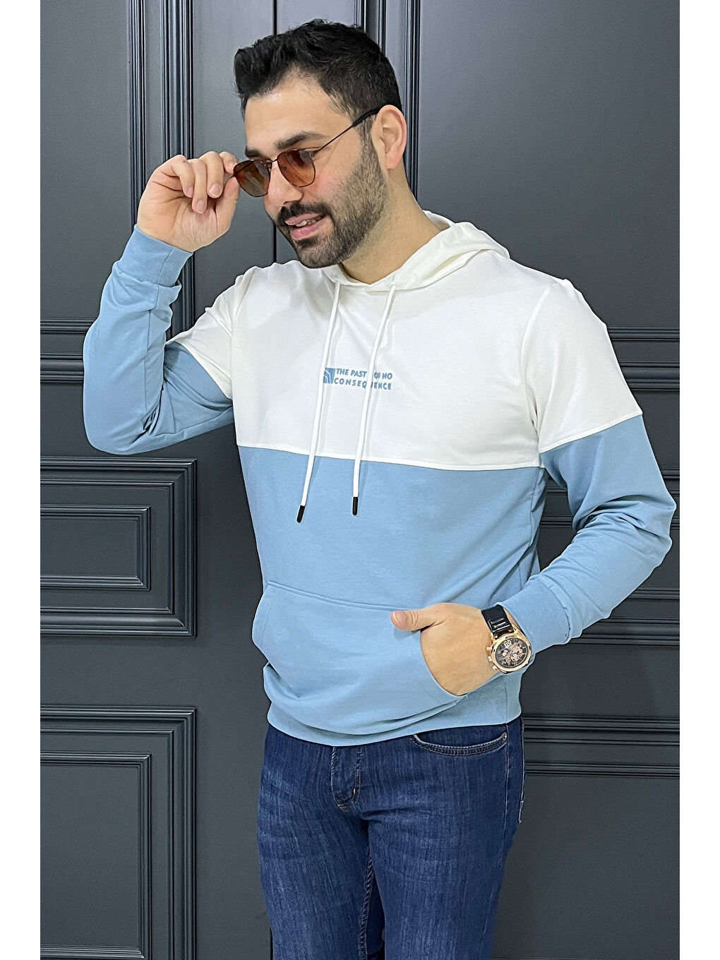 Mishar İtalia Beyaz Erkek Kapüşonlu Baskılı Renk Granili Sweatshirt - 1