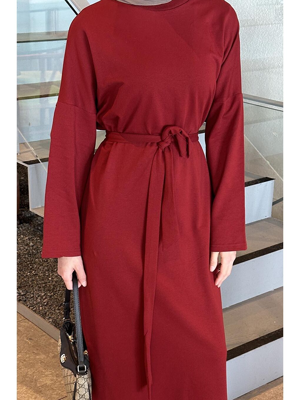 Etek Ucu Armalı Kuşaklı Elbise Kırmızı-2