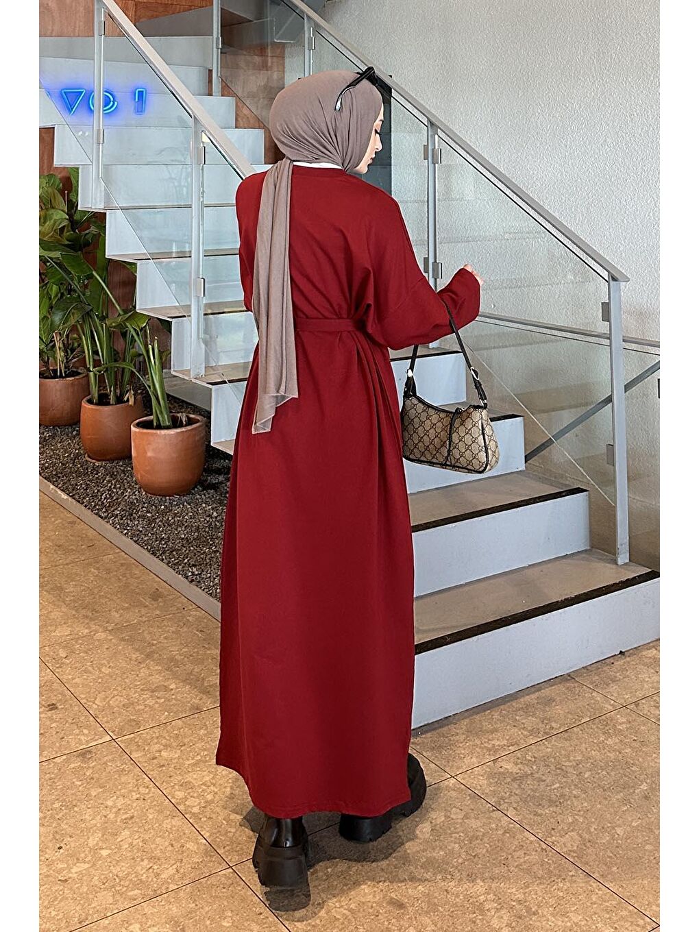 Etek Ucu Armalı Kuşaklı Elbise Kırmızı-3