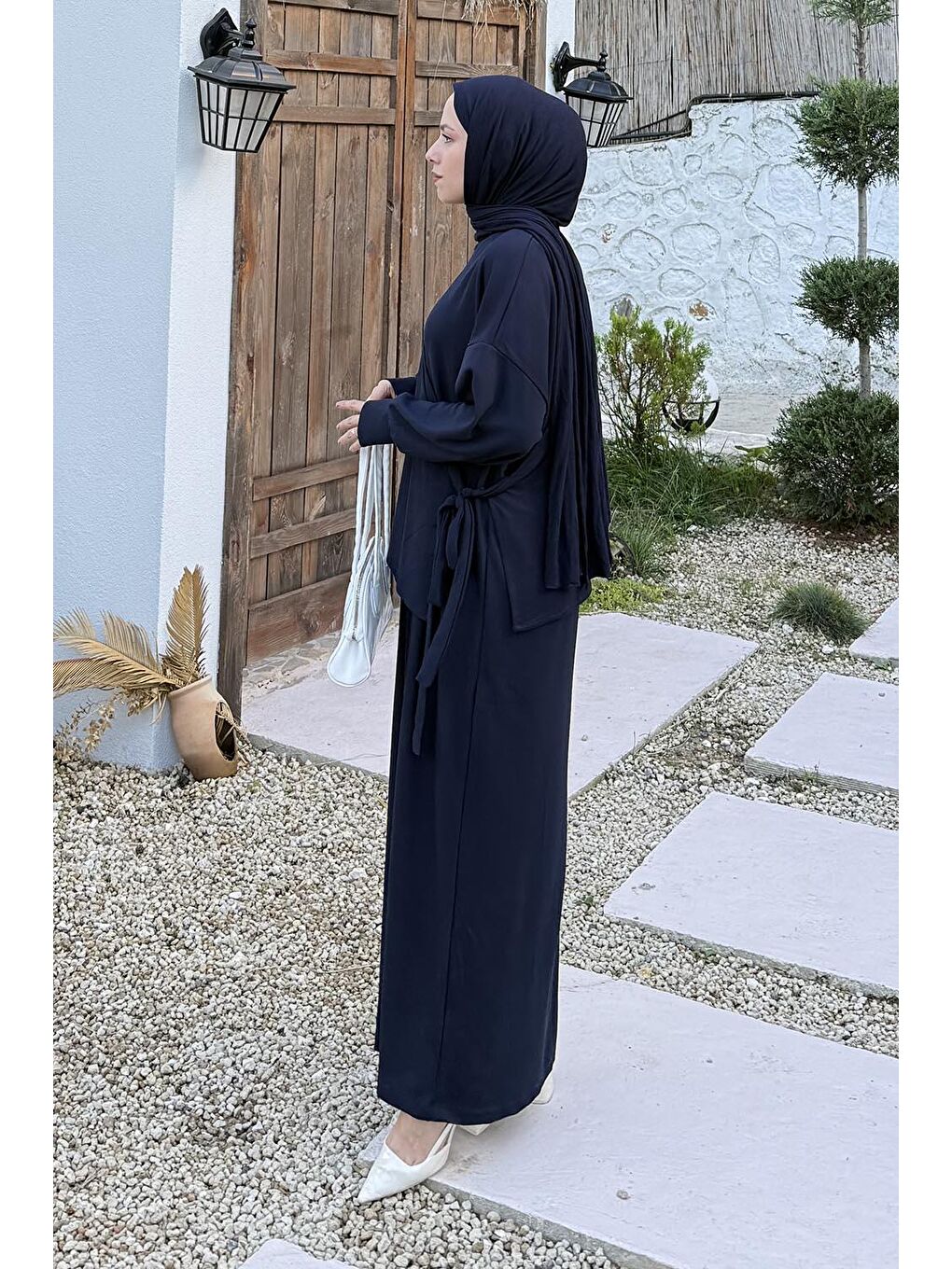 Büzgülü Tesettür Elbise Lacivert-1