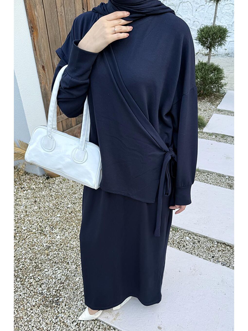 Büzgülü Tesettür Elbise Lacivert-2