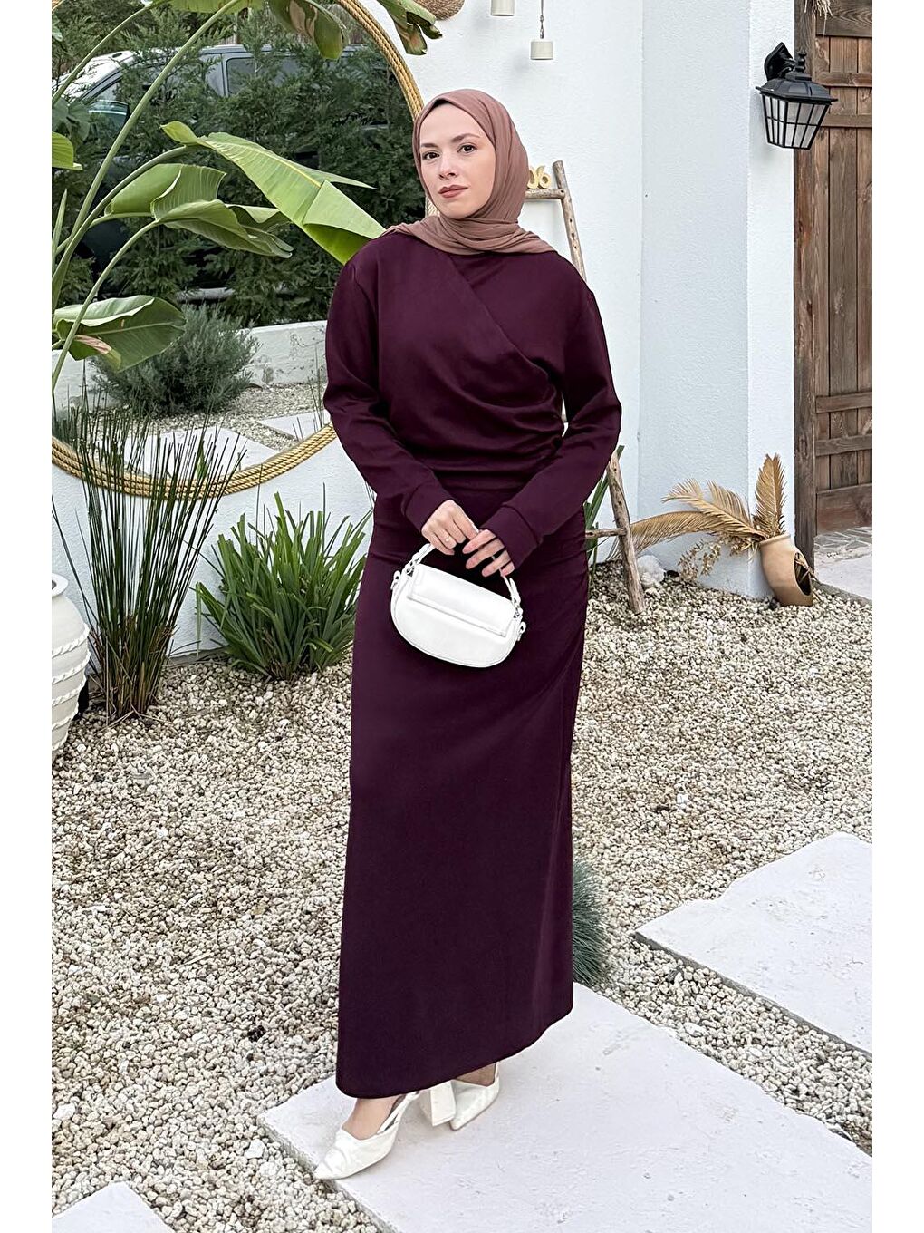 Büzgülü Tesettür Elbise Mürdüm