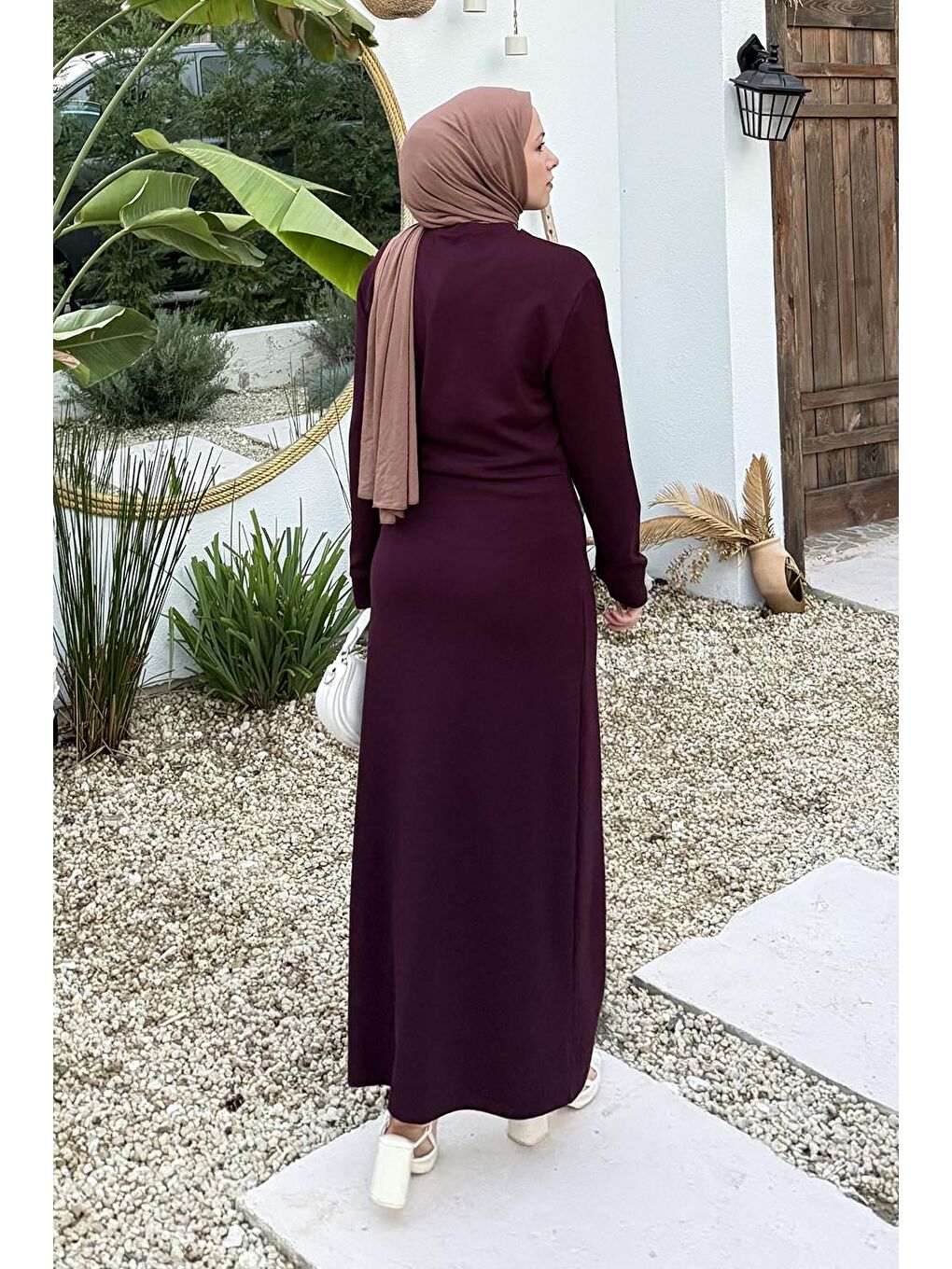 Büzgülü Tesettür Elbise Mürdüm-3