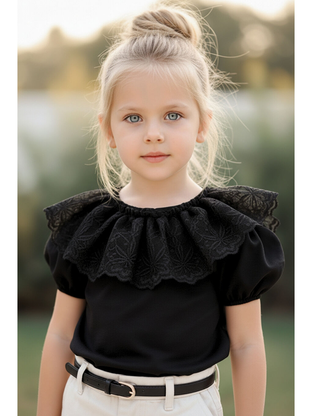 Kız Çocuk Siyah Bisiklet Yaka Dantelli Kısa Kol 23 Nisan Bluz Gömlek Abiye