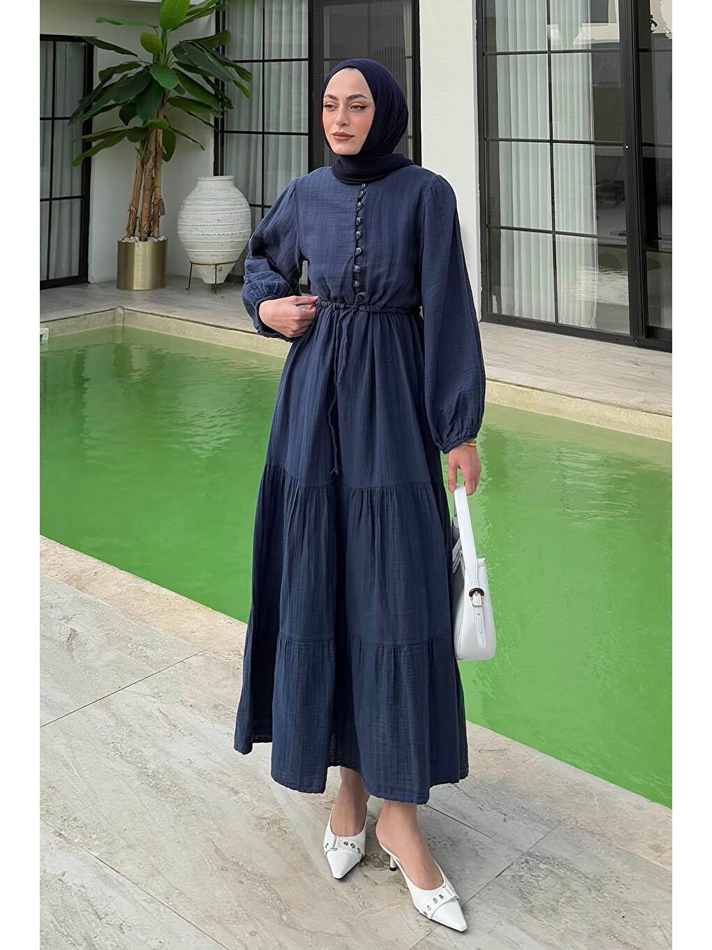 Bel Büzgülü Tesettür Elbise Lacivert-1