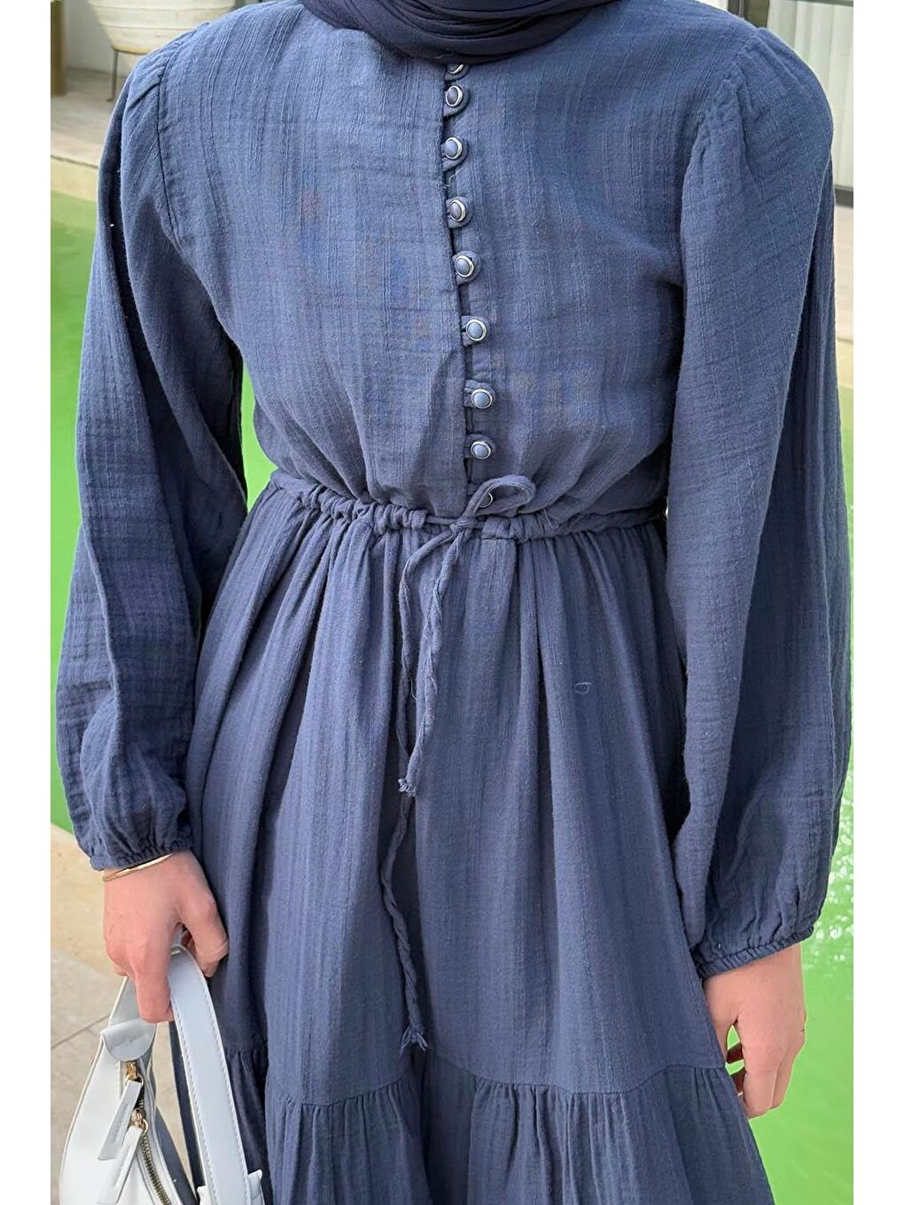 Bel Büzgülü Tesettür Elbise Lacivert-2