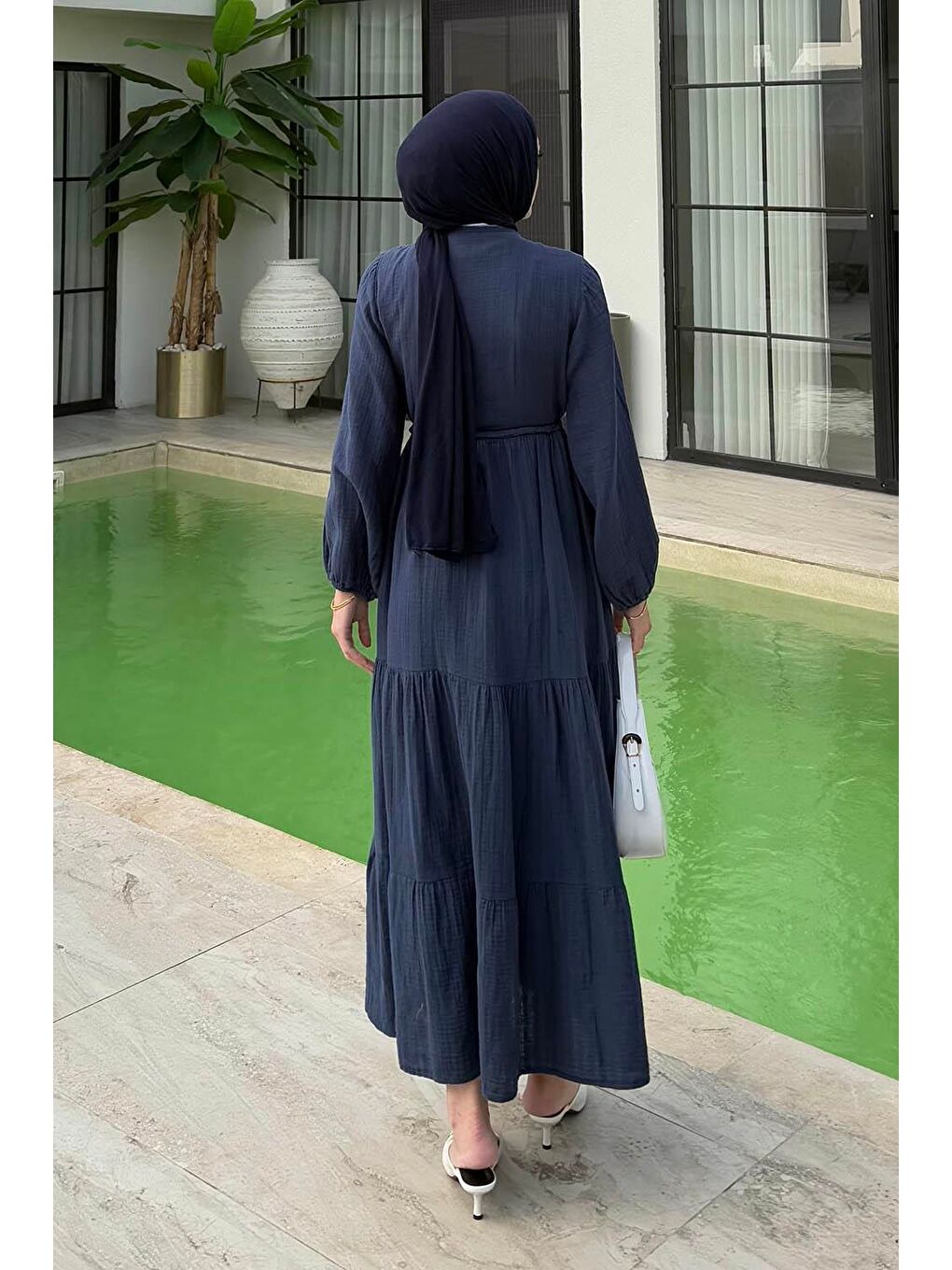 Bel Büzgülü Tesettür Elbise Lacivert-3