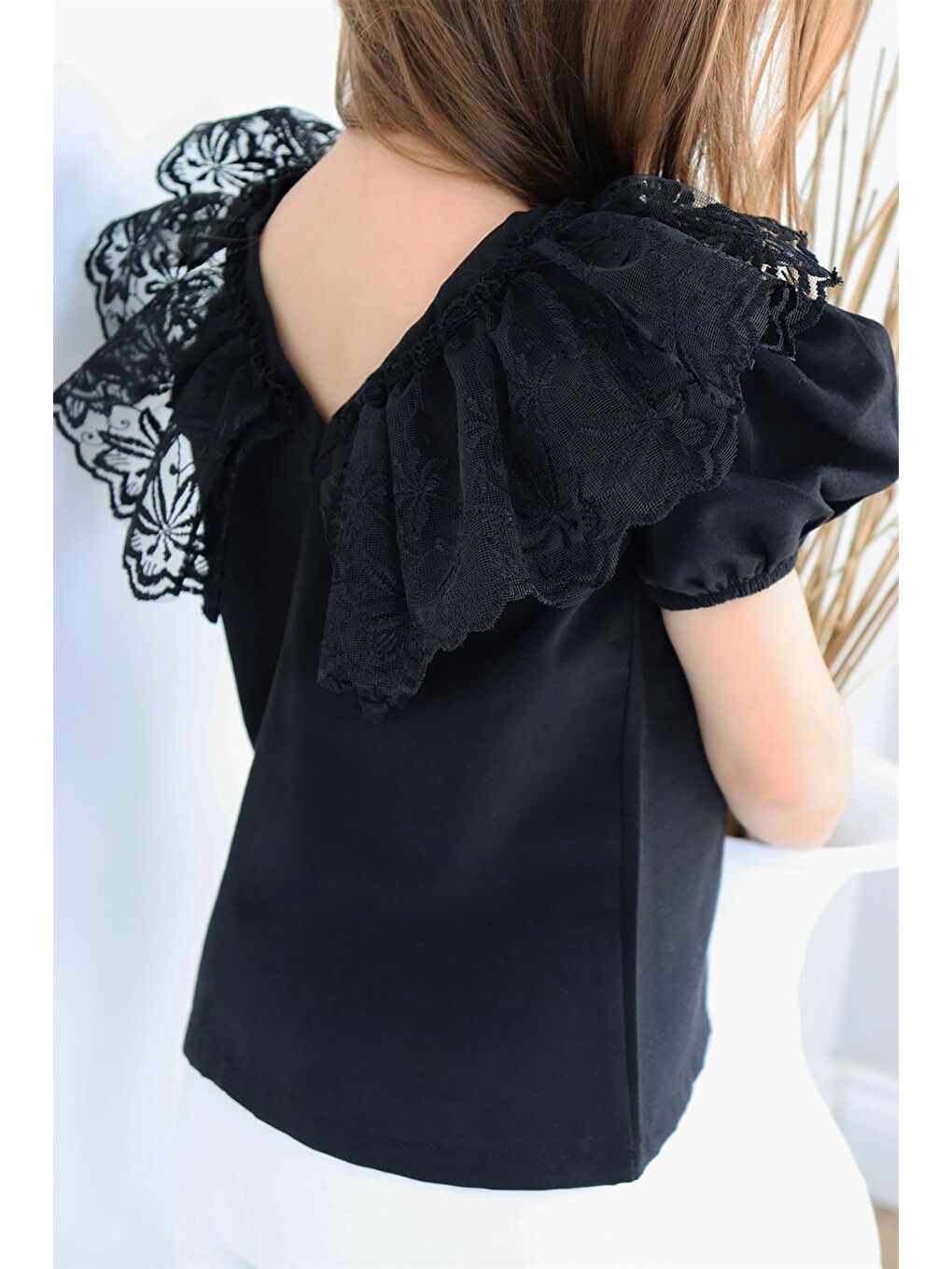 Kız Çocuk Siyah Bisiklet Yaka Dantelli Kısa Kol 23 Nisan Bluz Gömlek Abiye-5