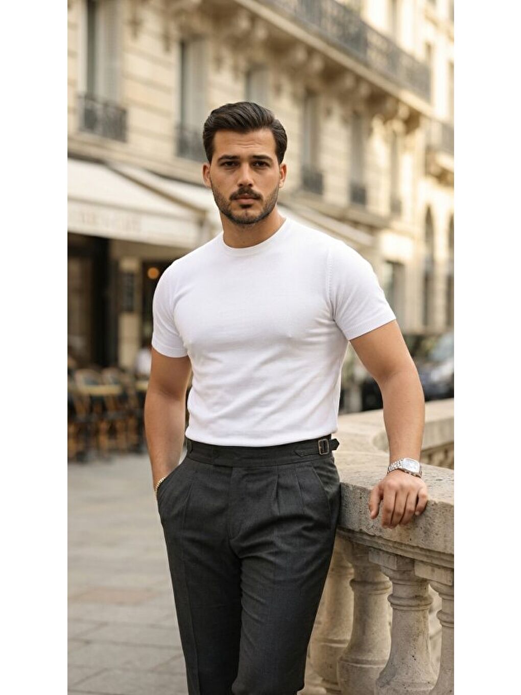 Beyaz Erkek Basic Bisiklet Yaka Kısa Kollu Triko Tişört-1