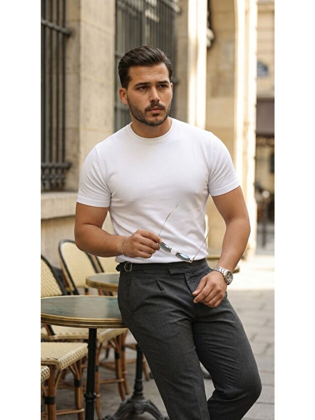 Beyaz Erkek Basic Bisiklet Yaka Kısa Kollu Triko Tişört-2