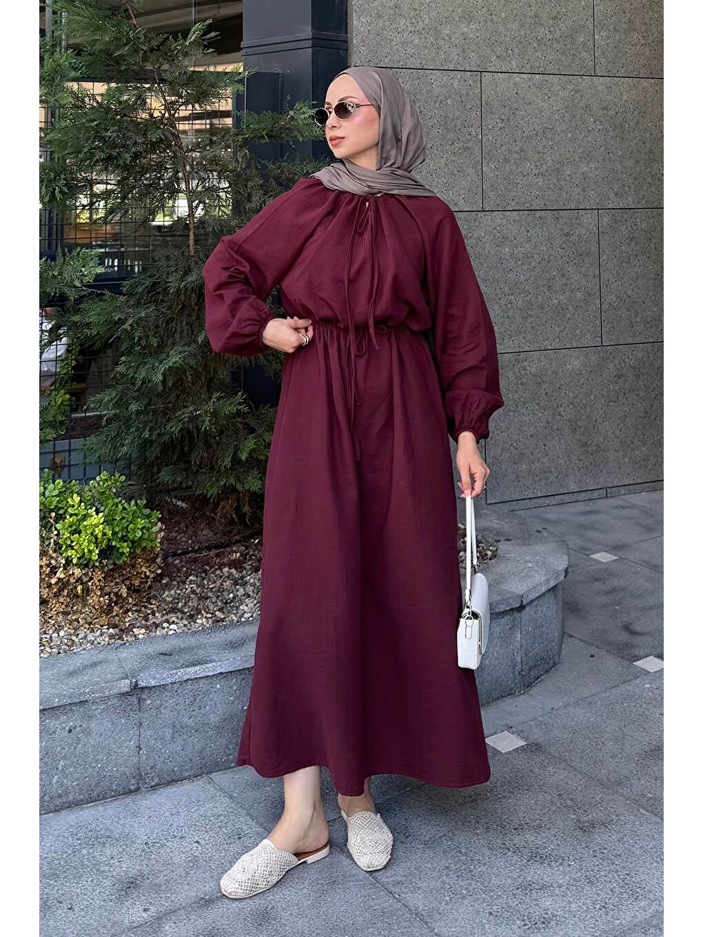 Balon Kol Bağlamalı Tesettür Elbise Mürdüm-2