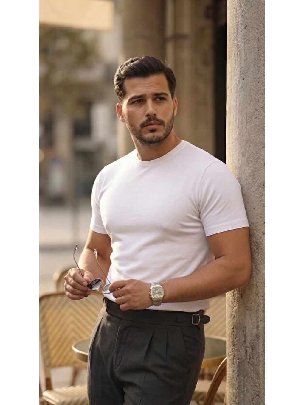 Beyaz Erkek Basic Bisiklet Yaka Kısa Kollu Triko Tişört-3