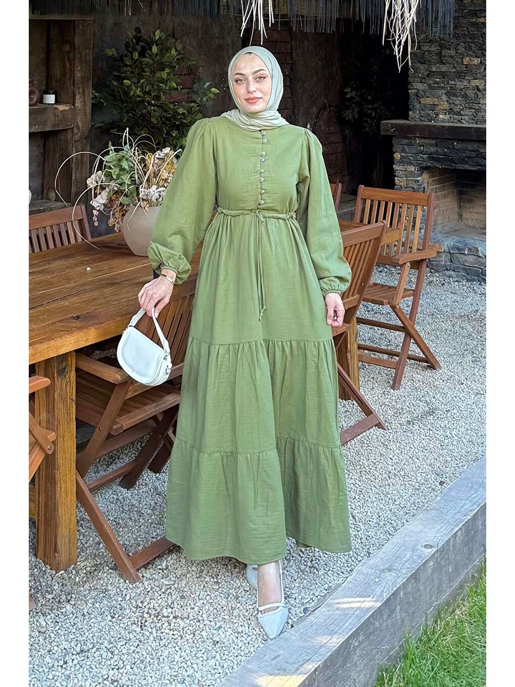 Bel Büzgülü Tesettür Elbise Haki