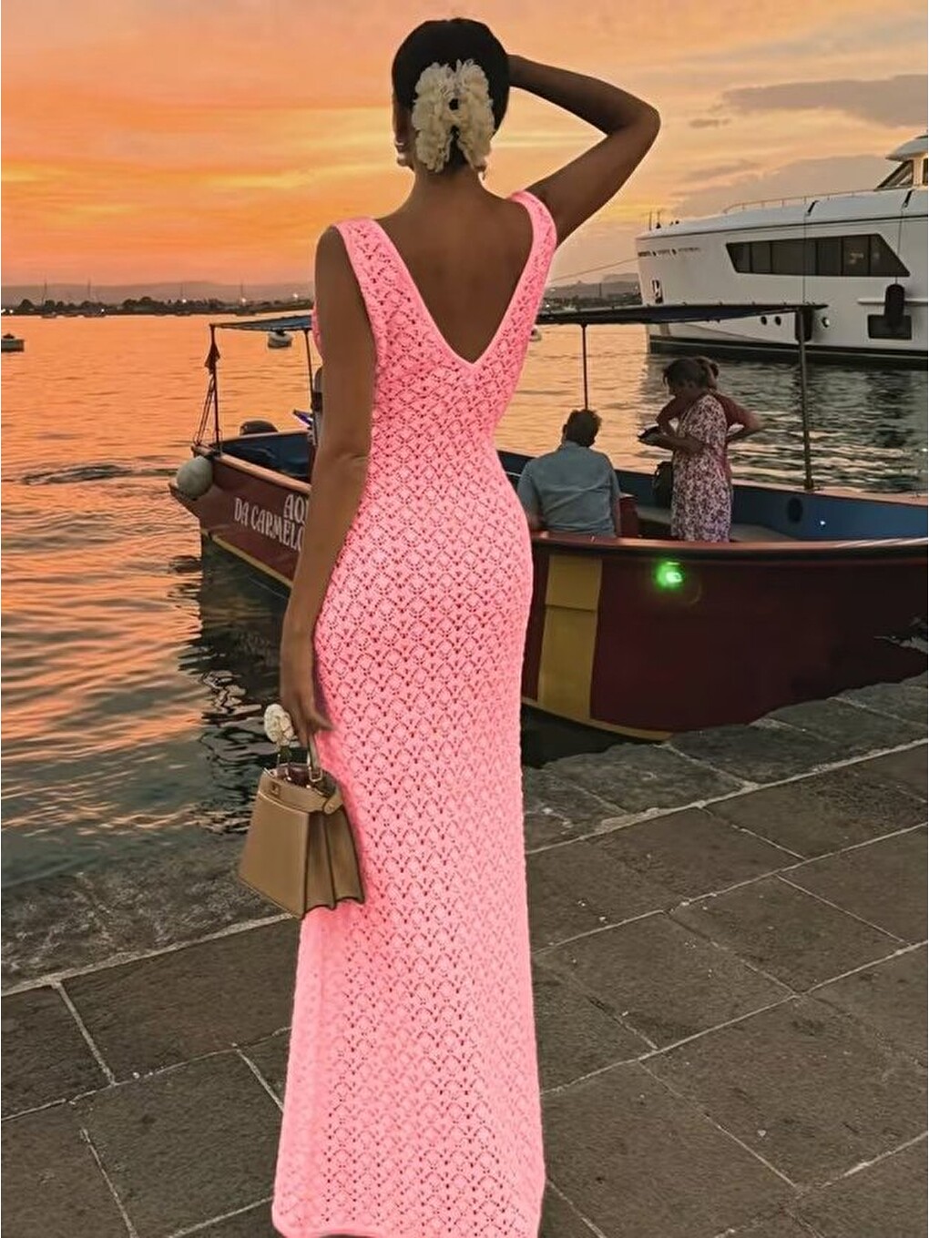 Pembe Kadın Askılı V Yakalı Uzun Triko Elbise-2