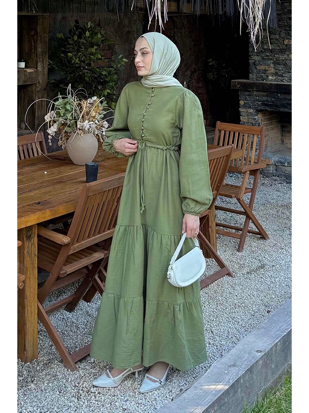 Bel Büzgülü Tesettür Elbise Haki-1