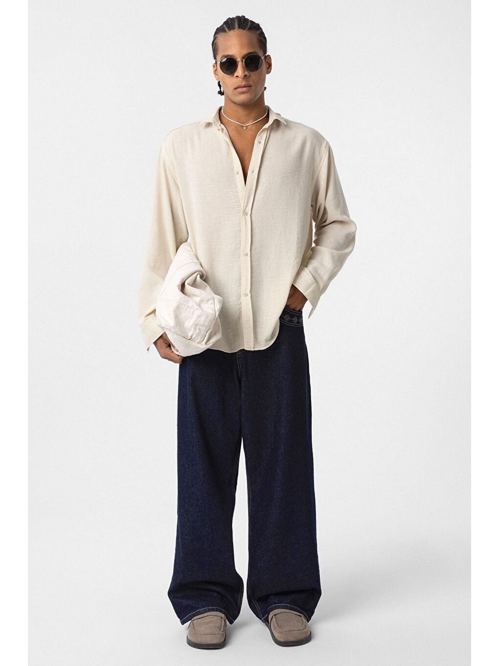 Basic Oversize Uzun Kol Keten Görünümlü Gömlek Bej