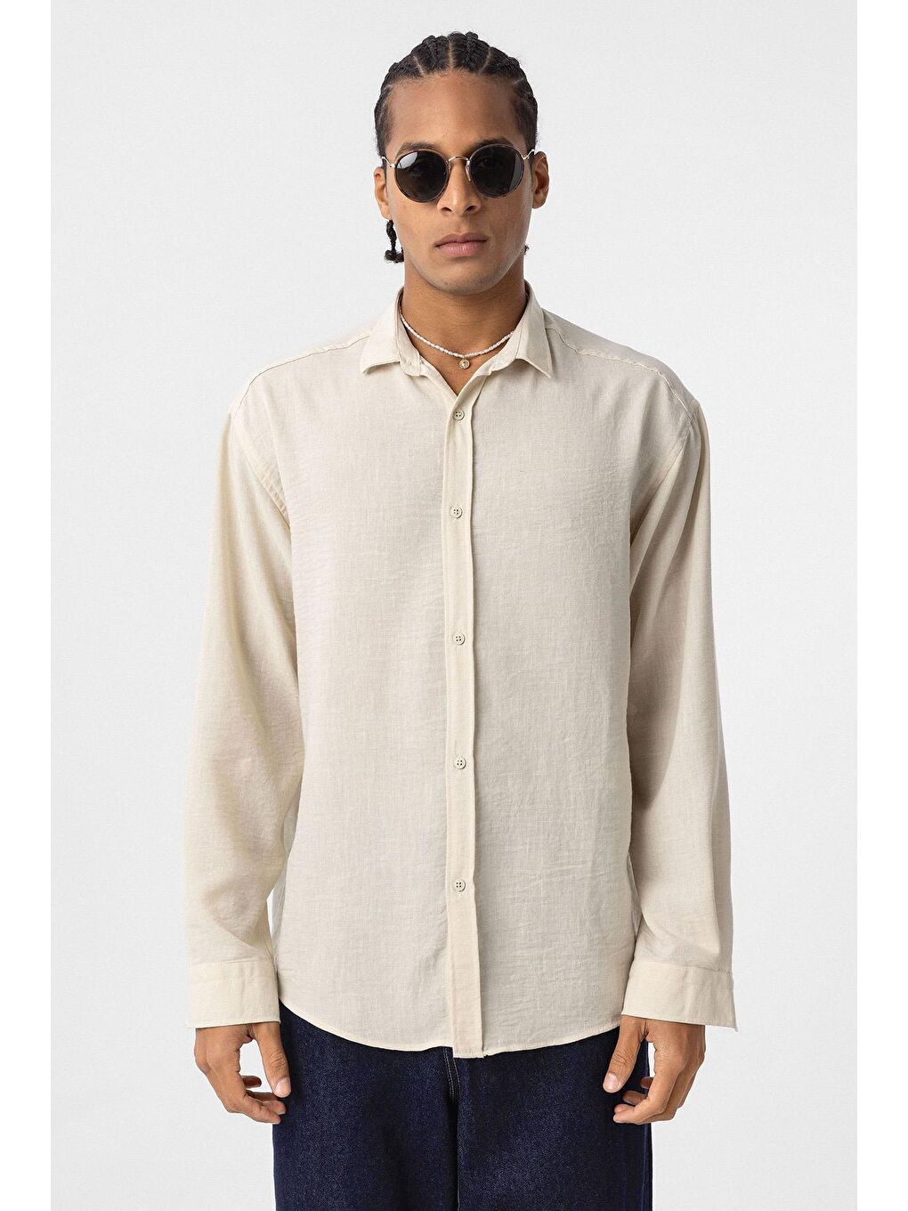 Basic Oversize Uzun Kol Keten Görünümlü Gömlek Bej-1