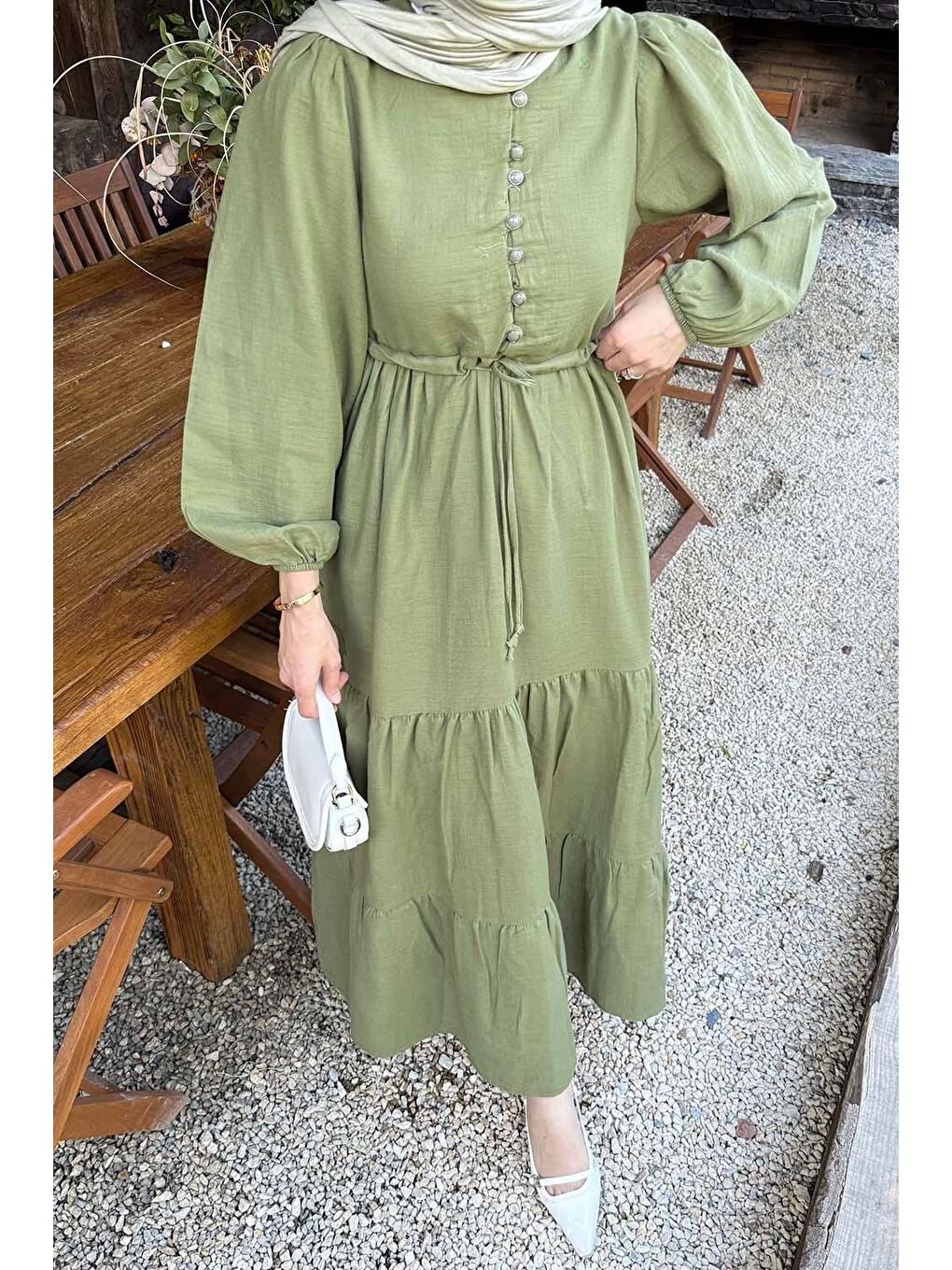 Bel Büzgülü Tesettür Elbise Haki-2