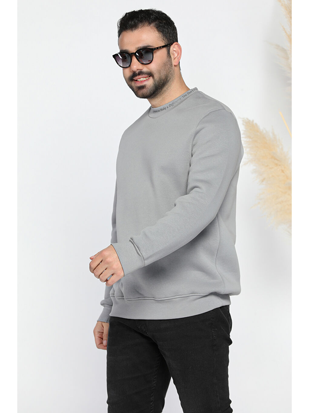 Mishar İtalia Gri Erkek Yaka Yazı Baskılı Şardonlu Üç İplik Sweatshirt