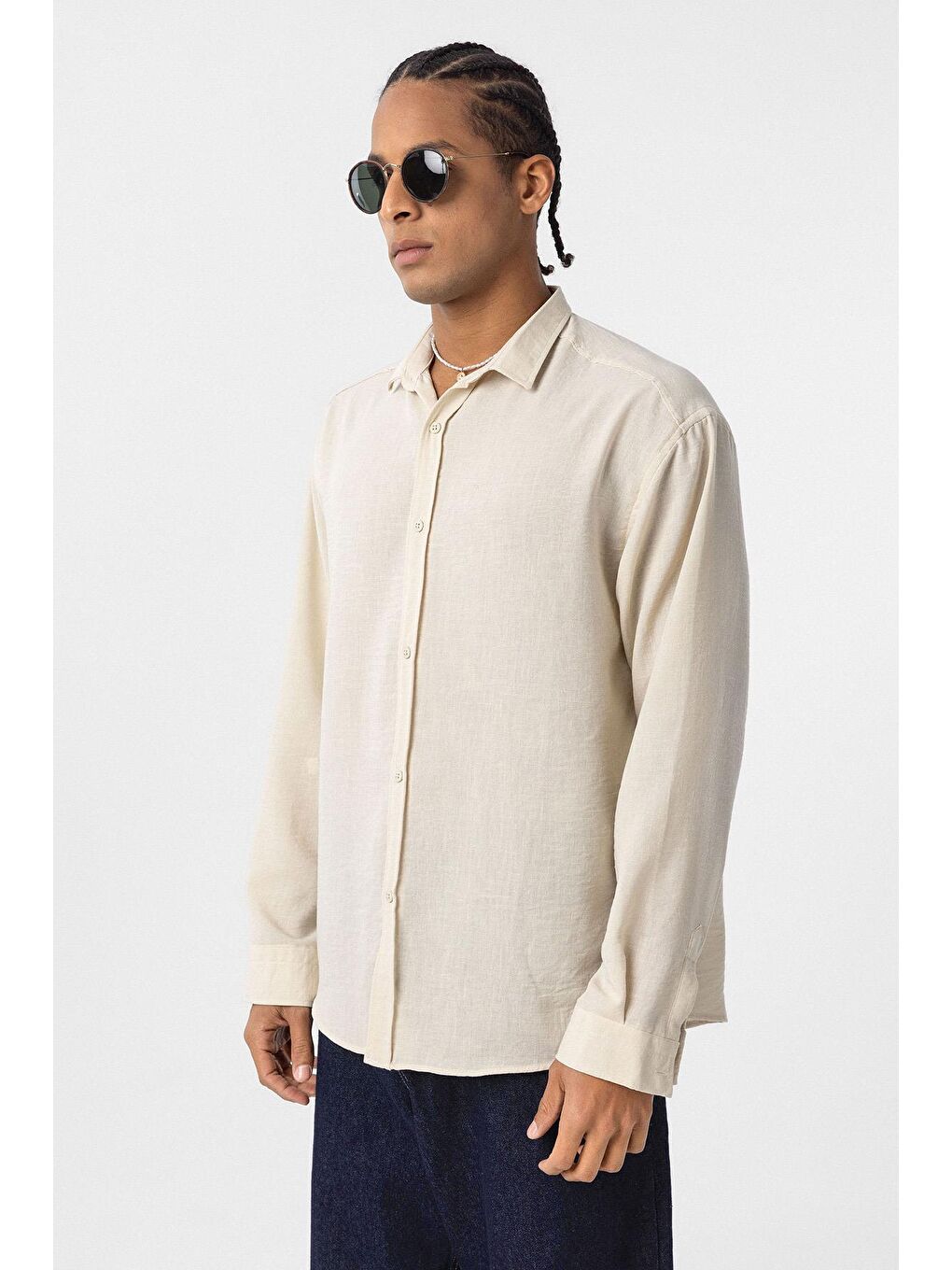 Basic Oversize Uzun Kol Keten Görünümlü Gömlek Bej-2