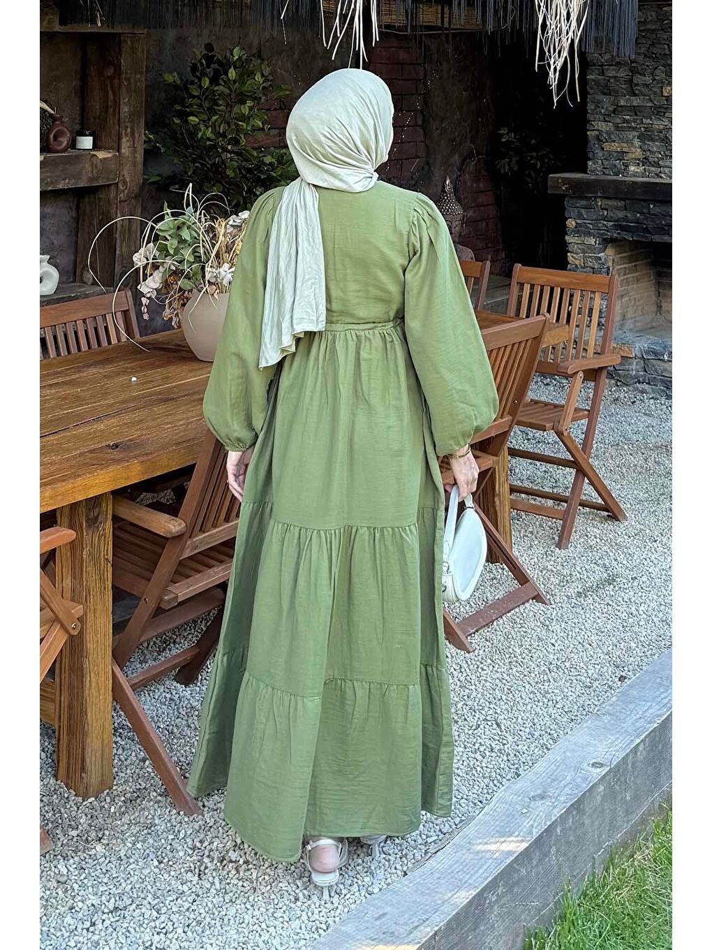 Bel Büzgülü Tesettür Elbise Haki-3