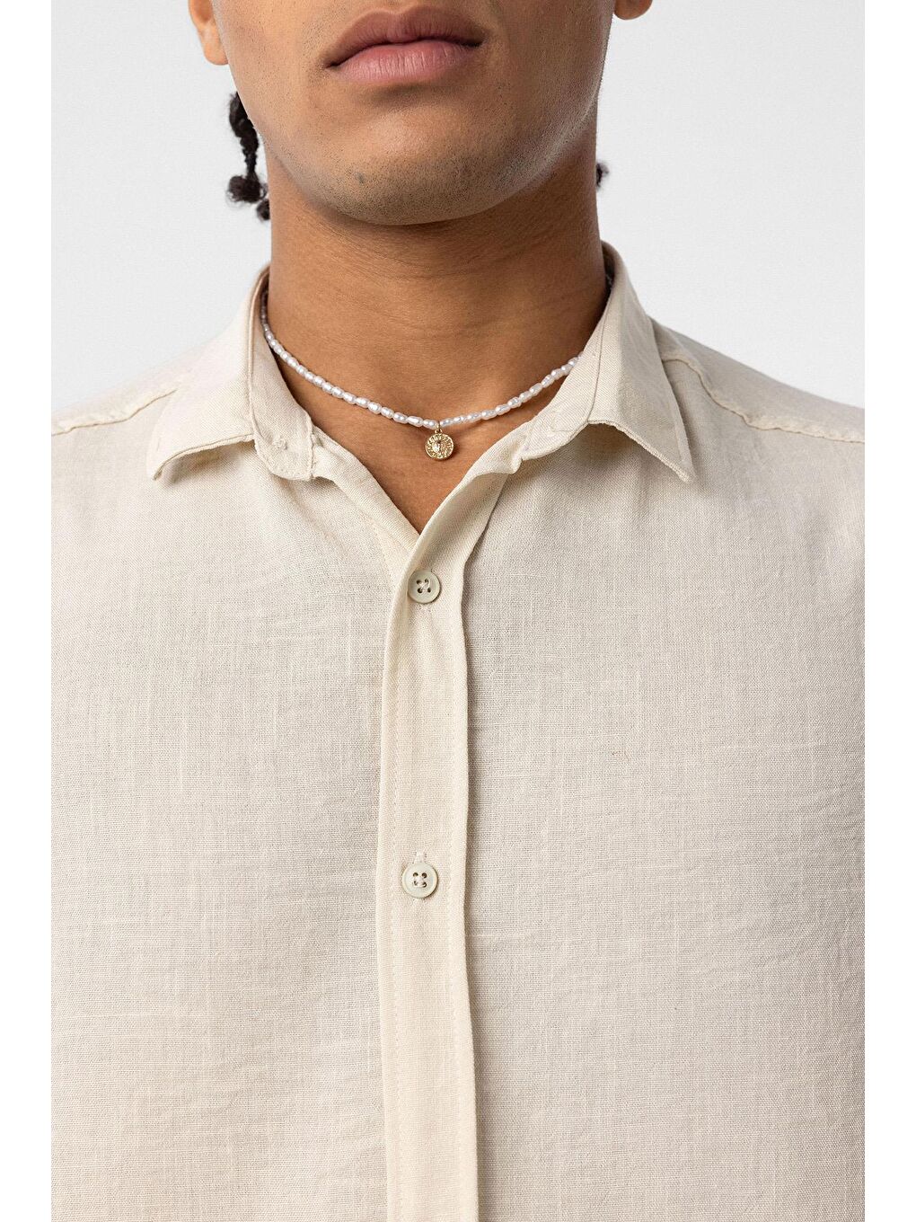 Basic Oversize Uzun Kol Keten Görünümlü Gömlek Bej-3