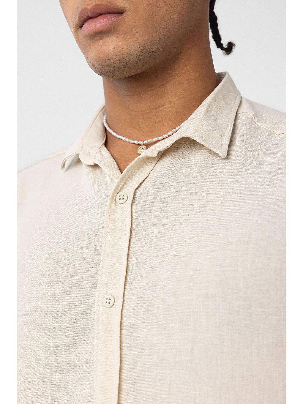 Basic Oversize Uzun Kol Keten Görünümlü Gömlek Bej-4