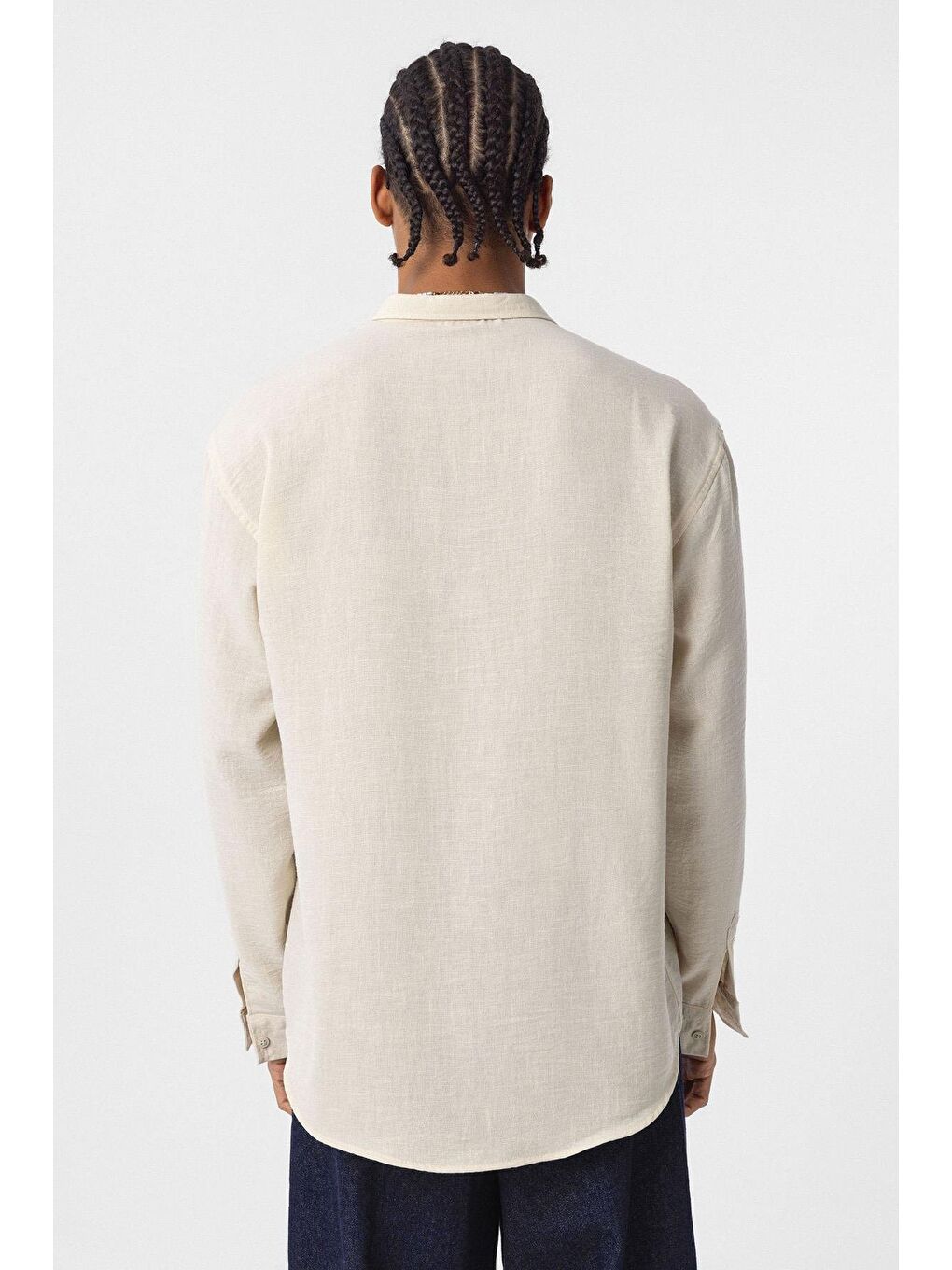 Basic Oversize Uzun Kol Keten Görünümlü Gömlek Bej-5
