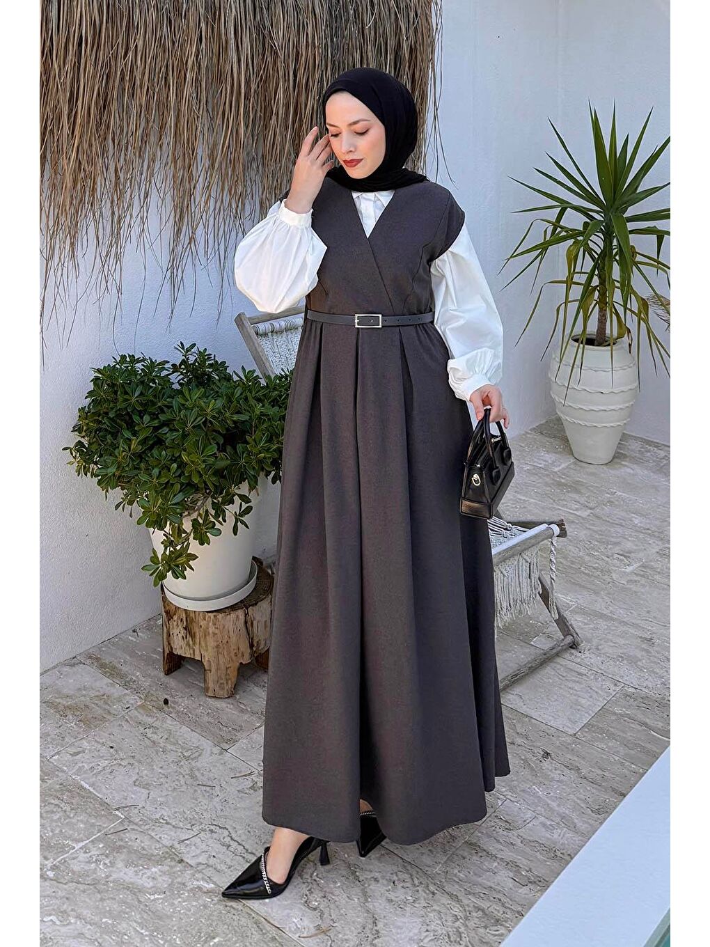 Pile Detaylı Kemerli Jile Antrasit