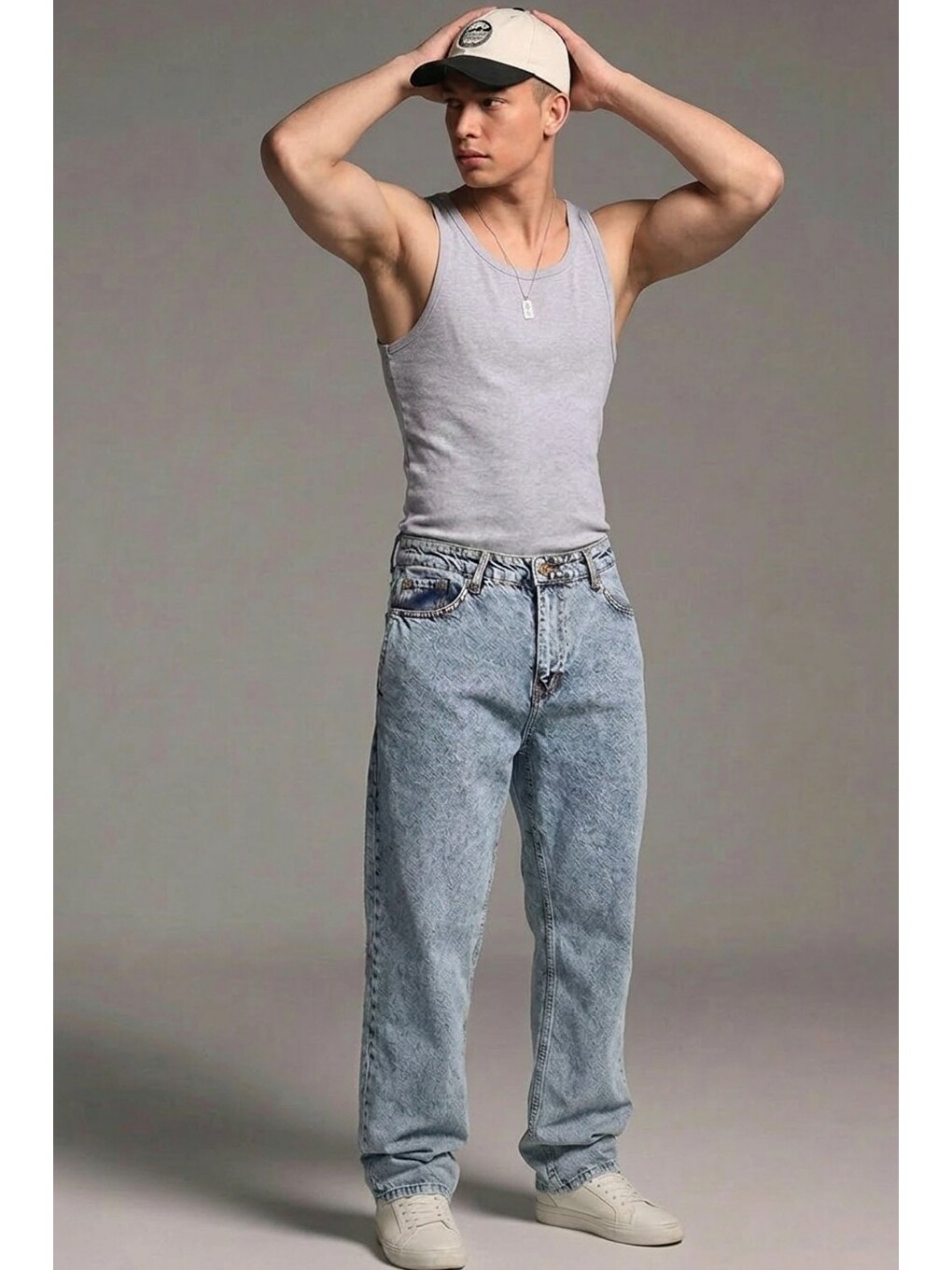 Beyaz Erkek Relaxed Fit  5 Cepli Kar Mavi Jean Pantolon-1