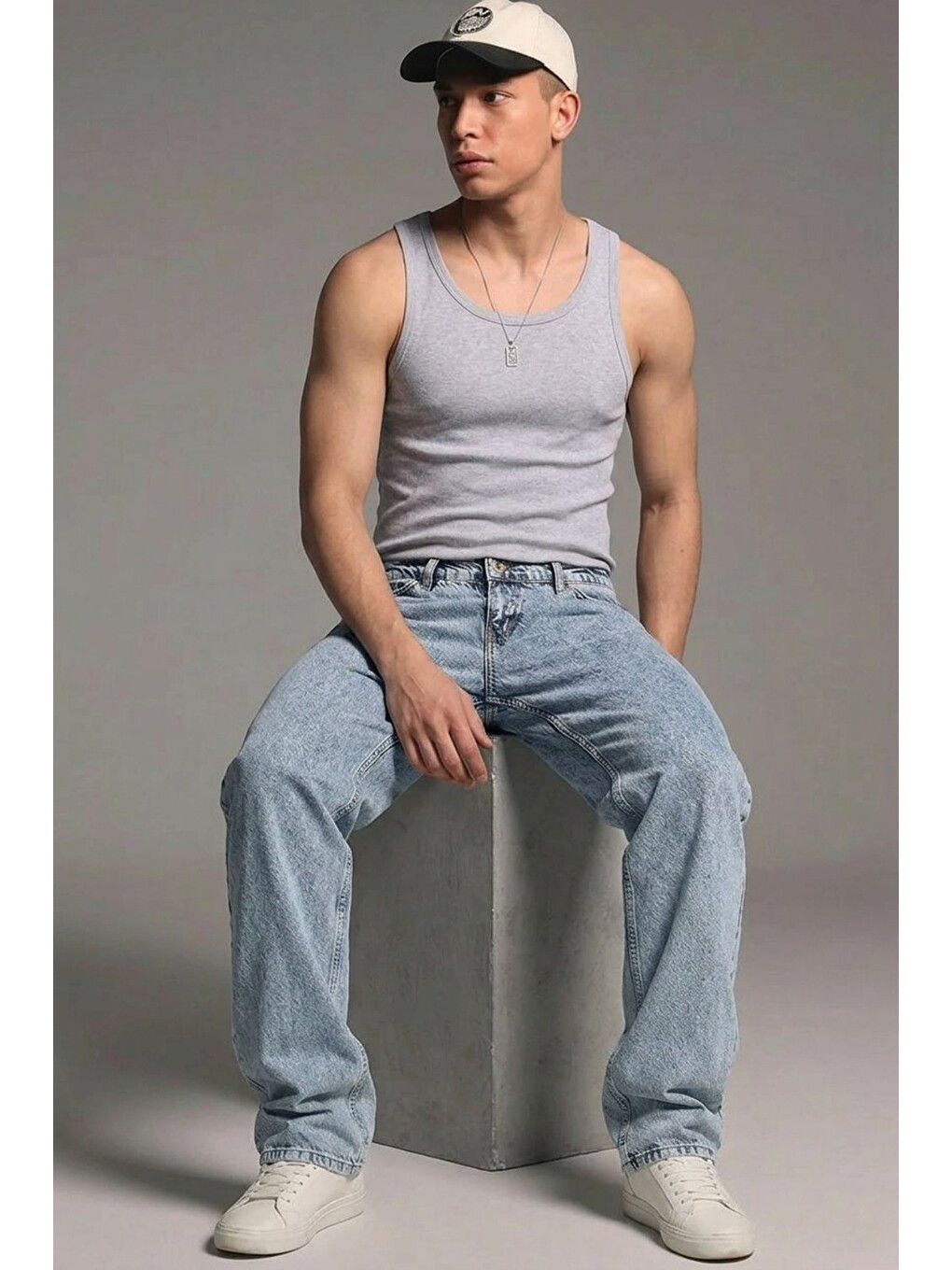 Beyaz Erkek Relaxed Fit  5 Cepli Kar Mavi Jean Pantolon-2