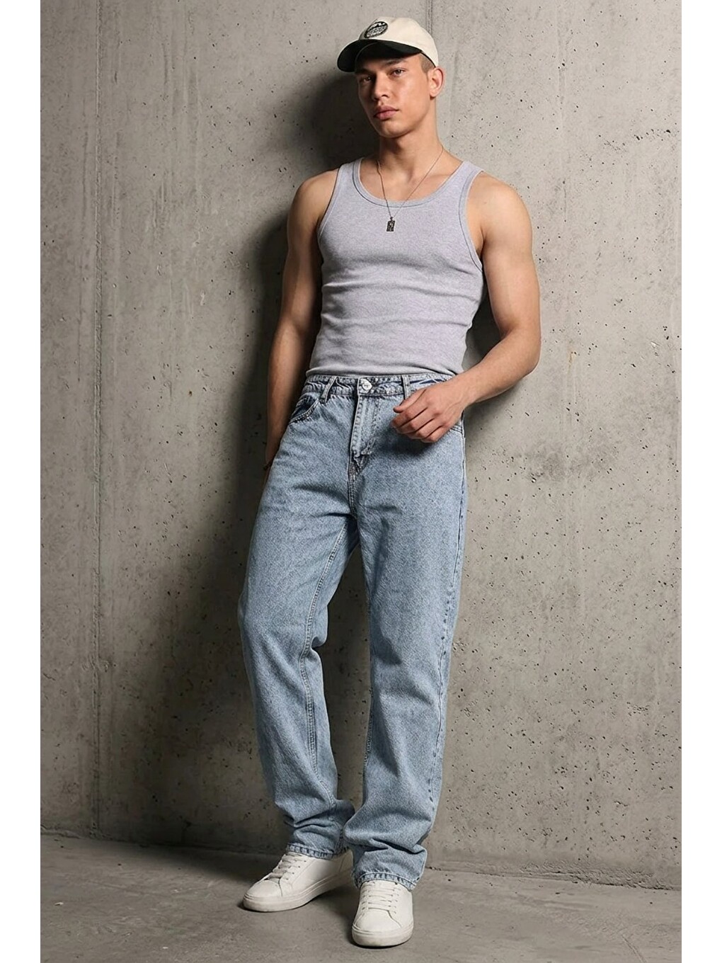 Beyaz Erkek Relaxed Fit  5 Cepli Kar Mavi Jean Pantolon-3