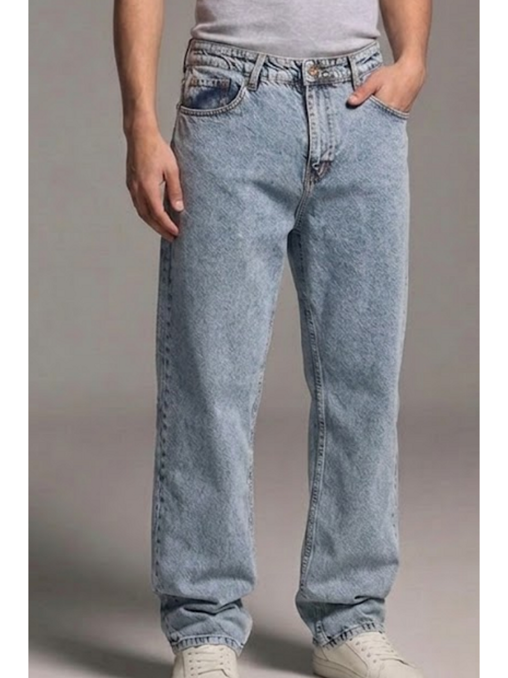 Beyaz Erkek Relaxed Fit  5 Cepli Kar Mavi Jean Pantolon-4