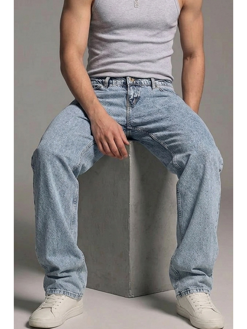 Beyaz Erkek Relaxed Fit  5 Cepli Kar Mavi Jean Pantolon-5