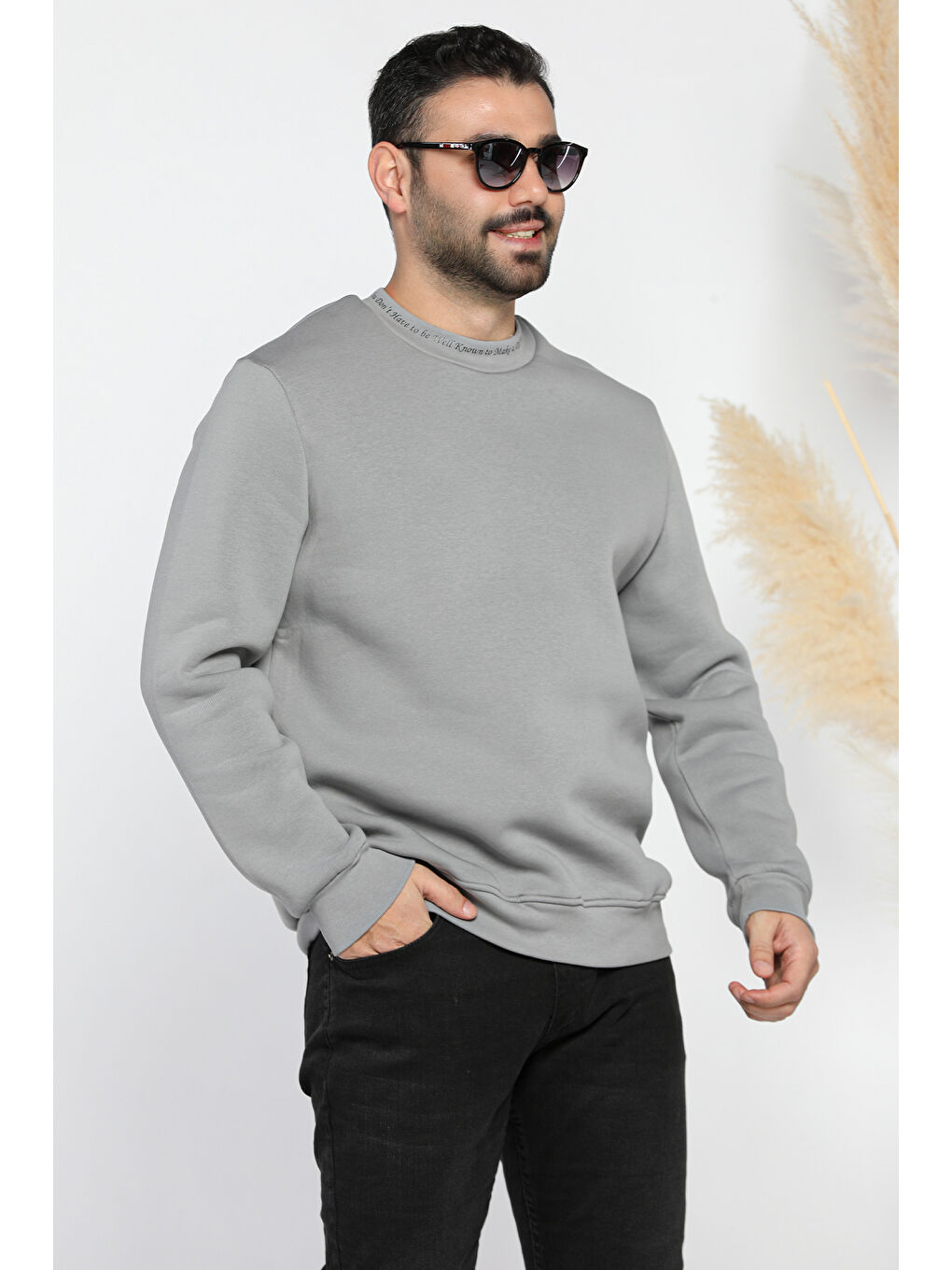 Mishar İtalia Gri Erkek Yaka Yazı Baskılı Şardonlu Üç İplik Sweatshirt - 1