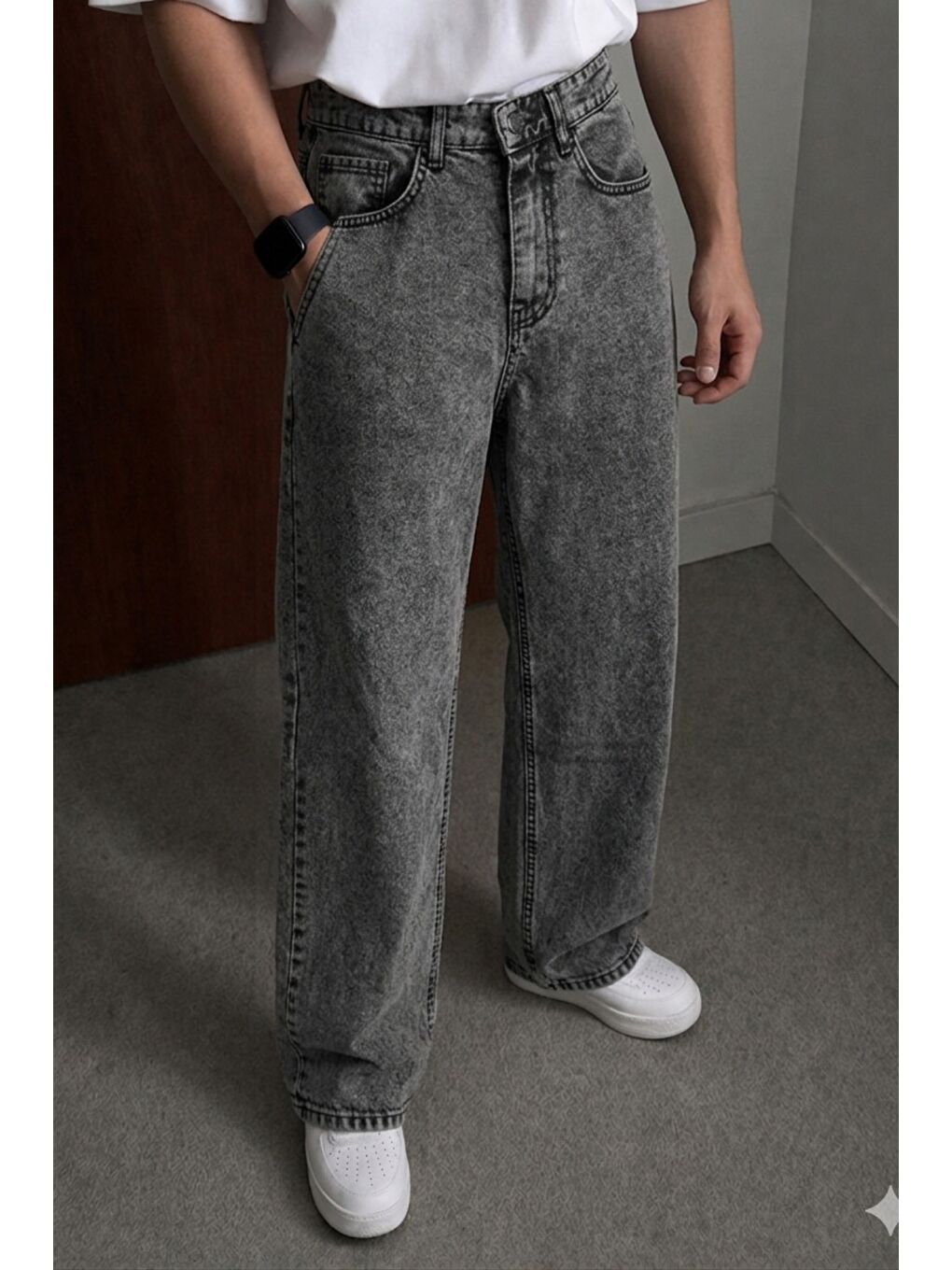 Gri Bol Paça Rahat Kesim Jean Pantolon