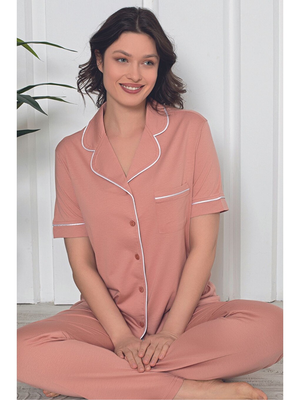 Turuncu kadın mor kısa kollu önden düğmeli cepli biyeli Elastanlı Pijama Takımı
