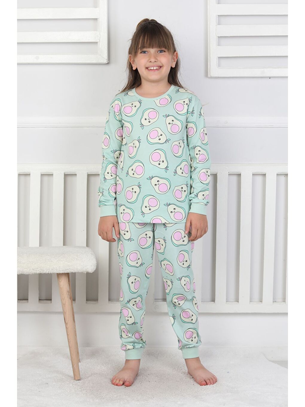 Yeşil Cute Avocado Desenli Kız Çocuk Pijama Takımı-1
