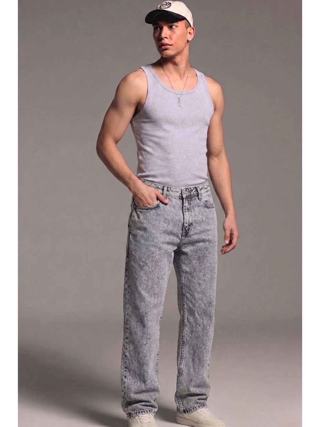 Erkek Relaxed Fit  5 Cepli Açık Gri Jean Pantolon