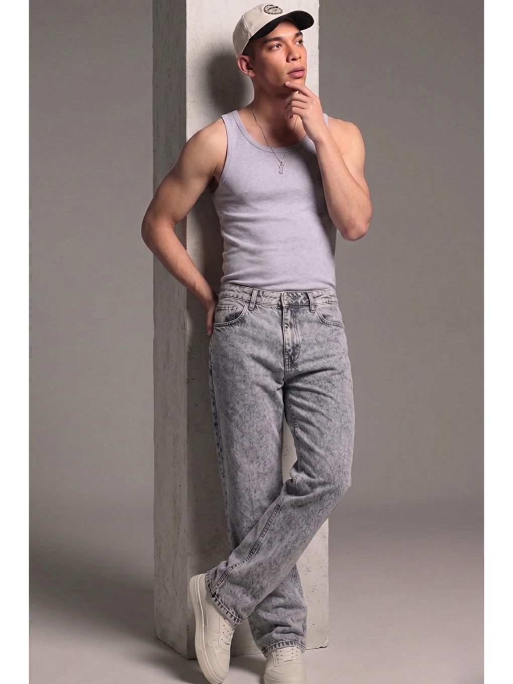Erkek Relaxed Fit  5 Cepli Açık Gri Jean Pantolon-1