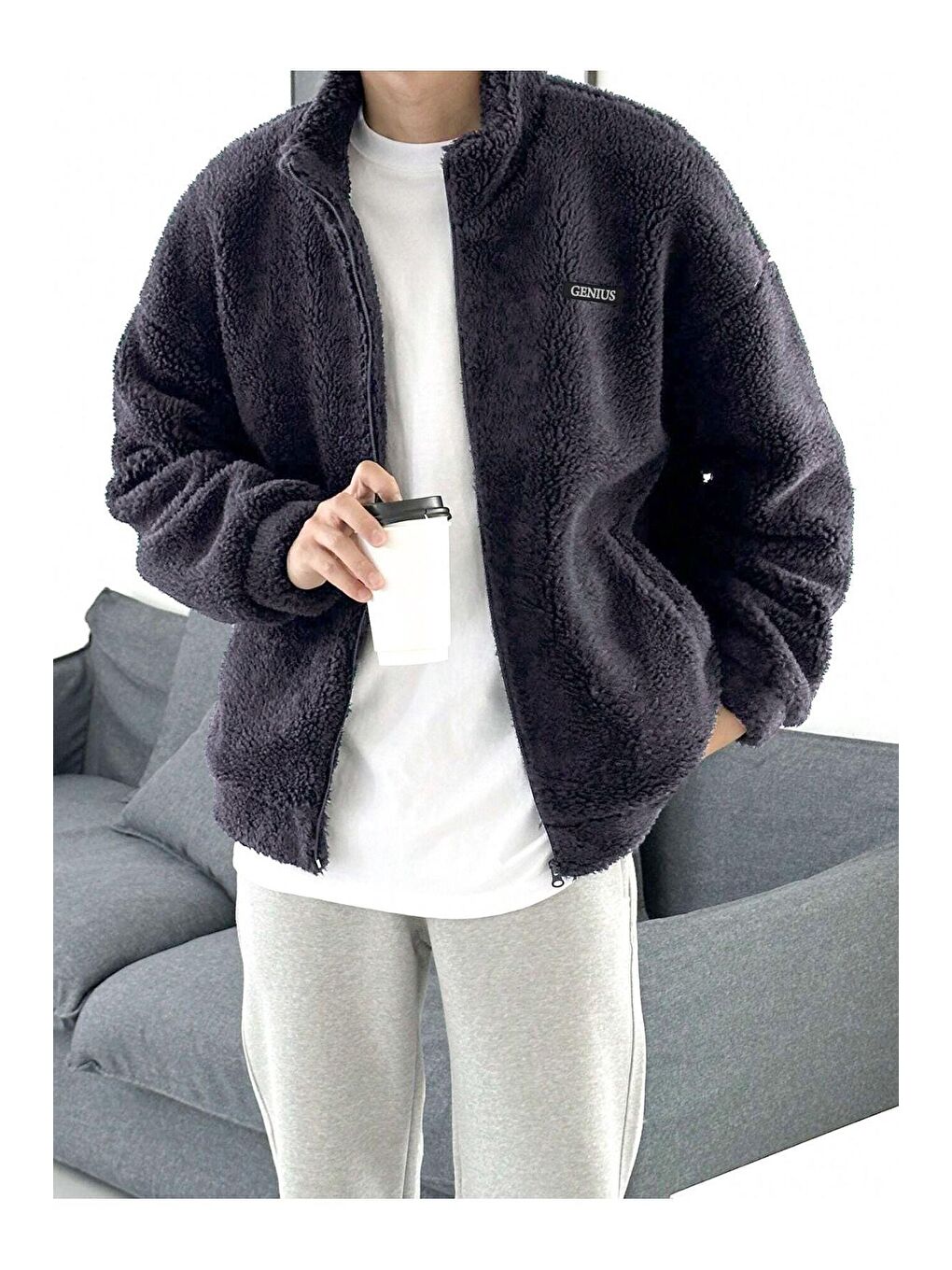 GENIUS STORE Füme Oversize Tam Fermuarlı Kuzu Sweatshirt İçi Polarlı Sherpa Kumaş Sweatshirt - 1