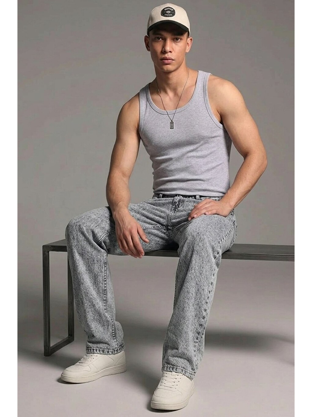 Erkek Relaxed Fit  5 Cepli Açık Gri Jean Pantolon-2