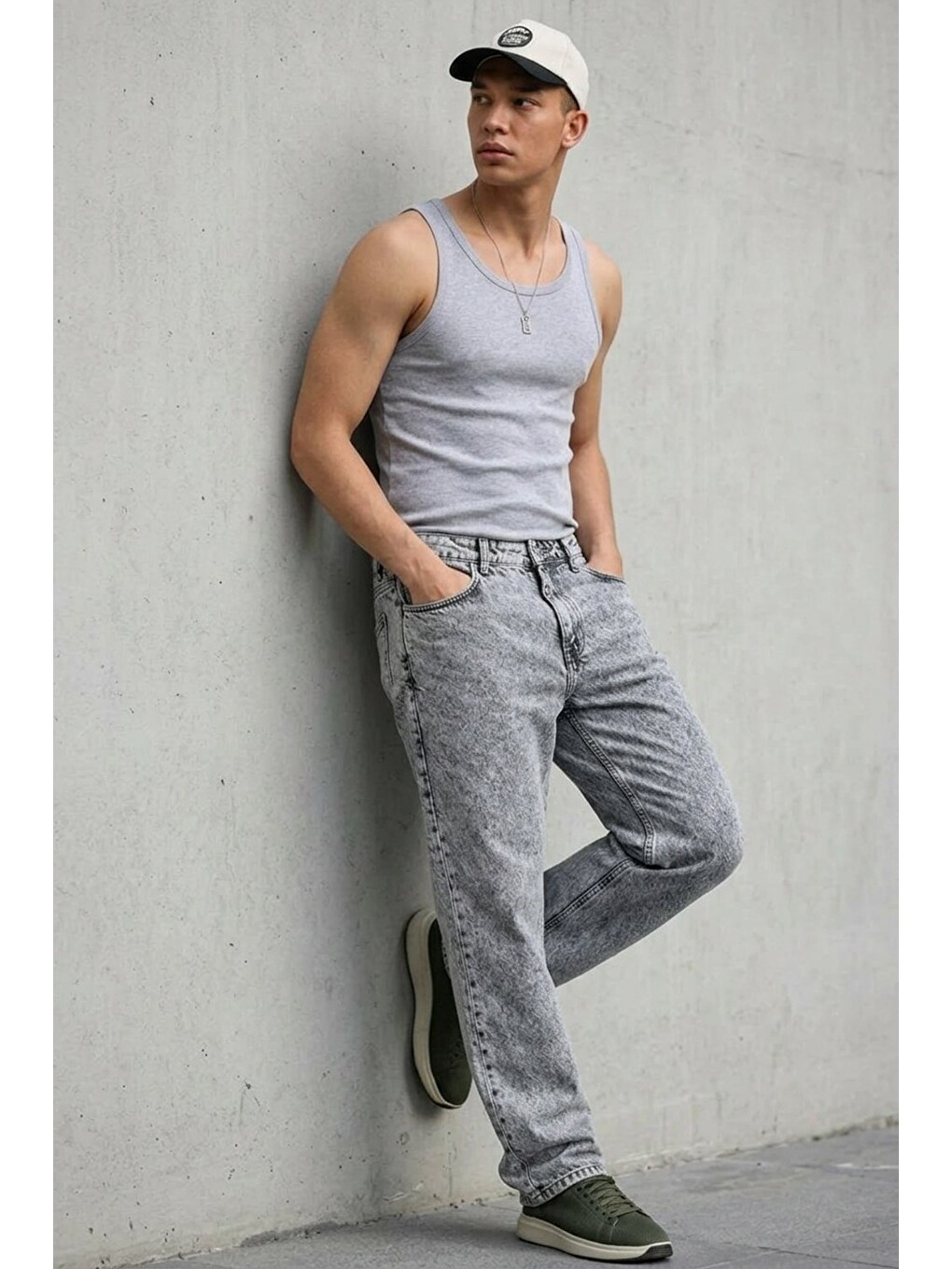 Erkek Relaxed Fit  5 Cepli Açık Gri Jean Pantolon-3