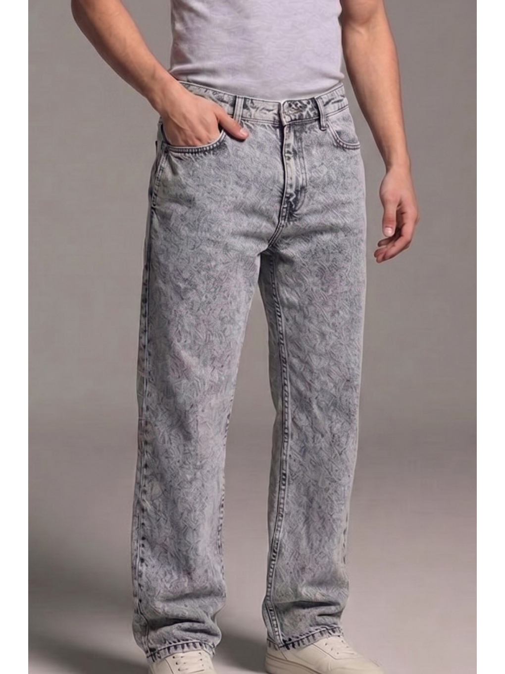 Erkek Relaxed Fit  5 Cepli Açık Gri Jean Pantolon-4