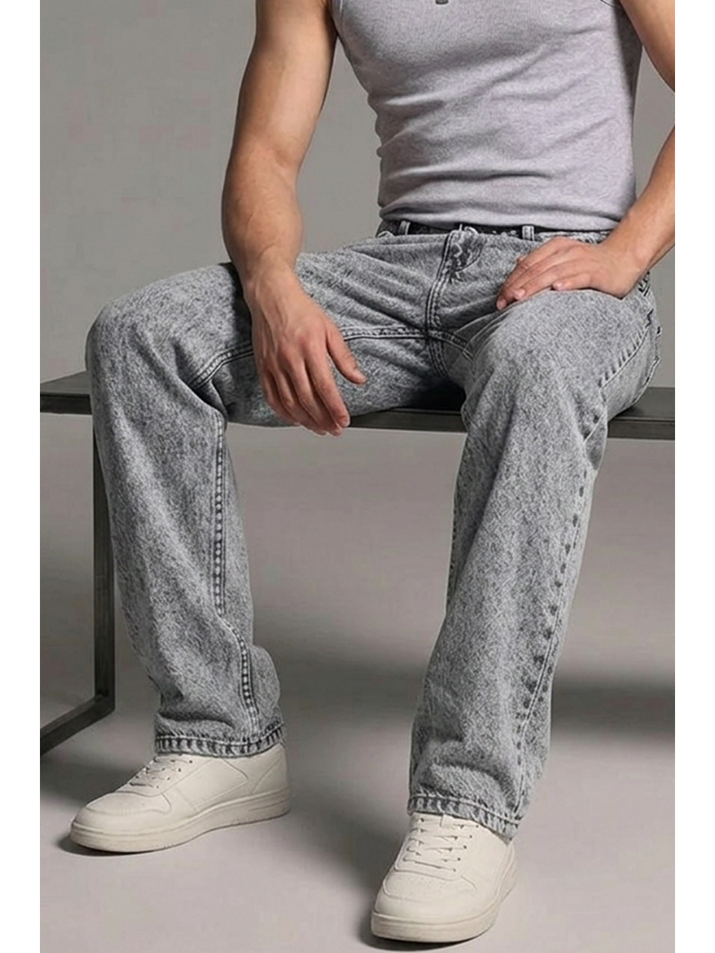 Erkek Relaxed Fit  5 Cepli Açık Gri Jean Pantolon-5