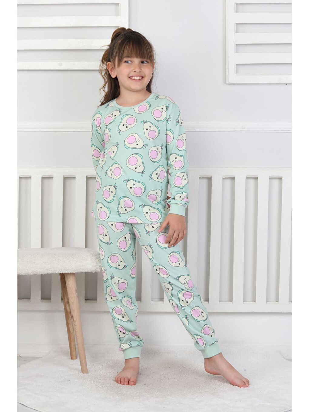 Yeşil Cute Avocado Desenli Kız Çocuk Pijama Takımı-4
