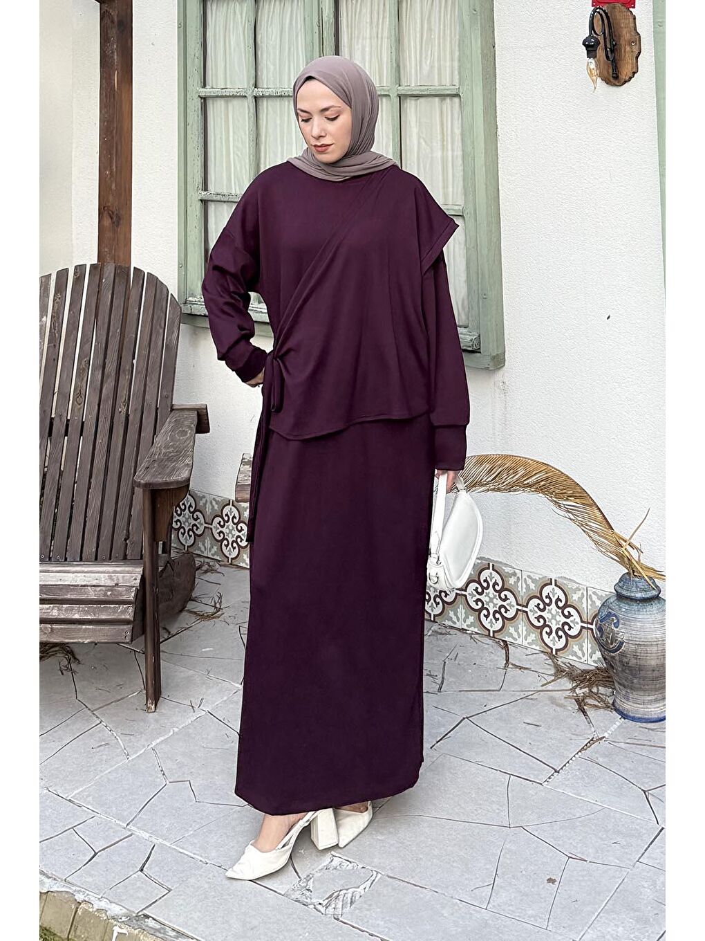 Büzgülü Tesettür Elbise Mürdüm