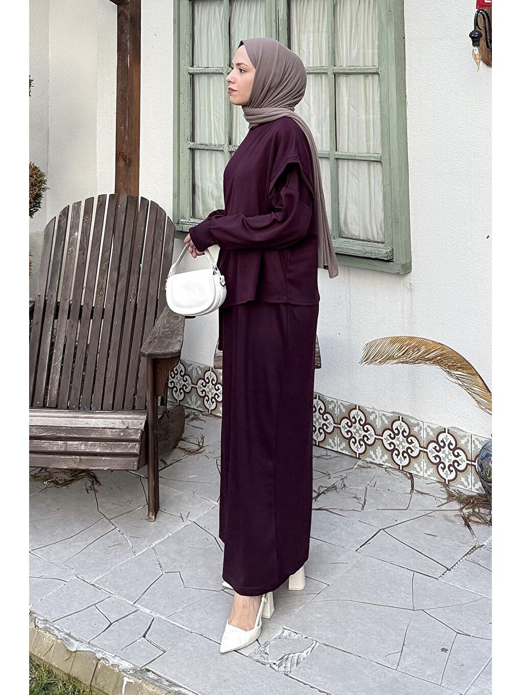Büzgülü Tesettür Elbise Mürdüm-1