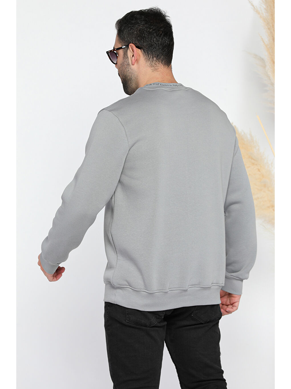 Mishar İtalia Gri Erkek Yaka Yazı Baskılı Şardonlu Üç İplik Sweatshirt - 2